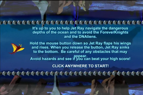 Ben 10 Alien Force Jetray In Too Deep gameplay instruction screen showing flight controls and objectives