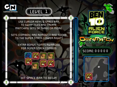 Level 1 instruction screen explaining how to make matches and use the Super Stack.
