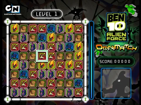 Level 1 board with alien portrait tiles and one highlighted tile; the score and Super Stack appear on the right.