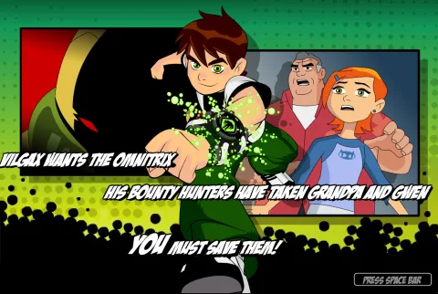 Story screen showing Vilgax, Gwen, and Grandpa Max with the mission message