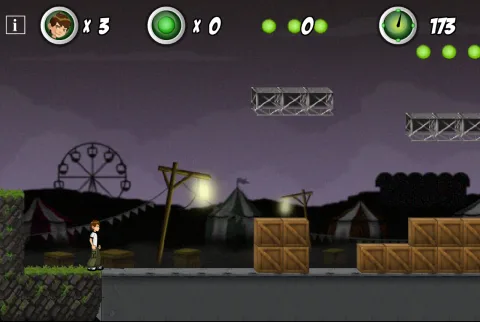 In-game action showing Ben exploring the level with crates and platform obstacles