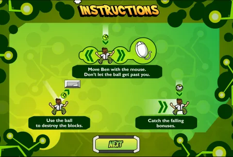Gameplay instructions on moving Ben, bouncing the ball, and catching bonuses
