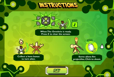 Instructions on using the Omnitrix, transforming into aliens, and firing projectiles