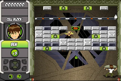 In-game action showing Ben breaking blocks, collecting power-ups, and managing the bouncing ball