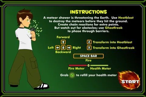 Instructions screen explaining the arrow key controls, Heatblast and Ghostfreak transformations, fire and health meters, and green health pickups.