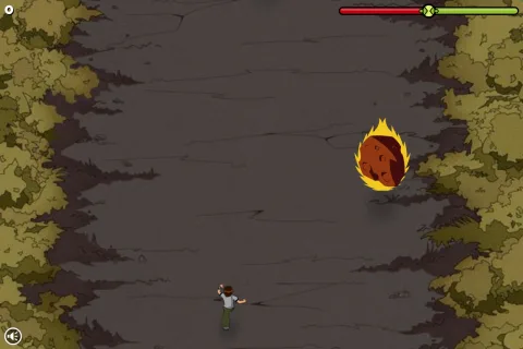 Ben Tennyson faces a flaming meteor on a forest road, with the fire and health meters displayed at the top of the screen.