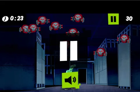 Diamondhead fires crystal projectiles at incoming robot drones during a timed shooting challenge.