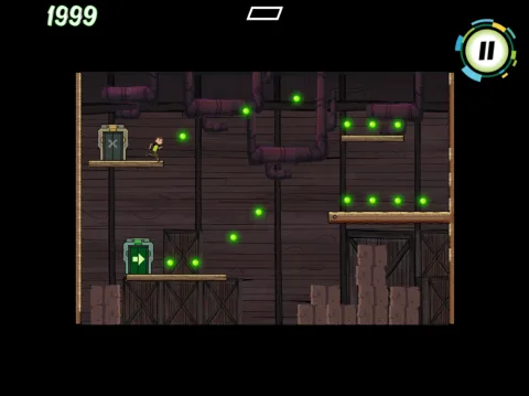 Ben Tennyson navigates a warehouse level using a glowing green path drawn across gaps between platforms.