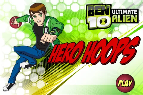 Title screen of Ben 10 Hero Hoops featuring the game logo and the Play button.