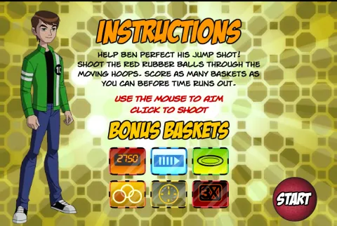 Instructions screen explaining the basketball shooting mechanics and bonus baskets.