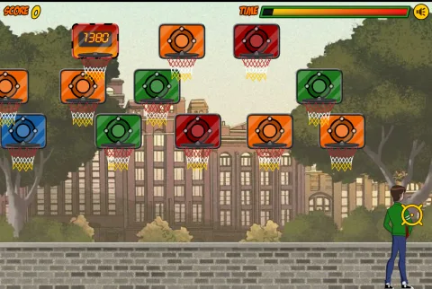 Gameplay screenshot showing Ben aiming to shoot basketballs through moving hoops.