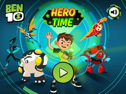 Title screen of Ben 10: Hero Time, featuring Ben Tennyson and his five primary alien transformations: Cannonbolt, Heatblast, Stinkfly, XLR8, and Overflow.