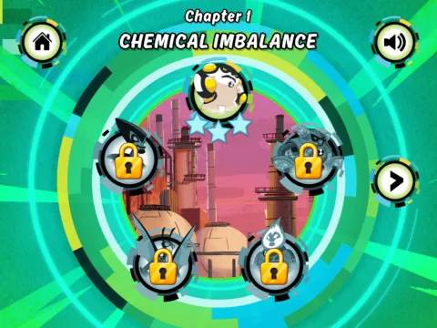 Level selection screen for Chapter 1: Chemical Imbalance, showing the available stages and locked alien transformation nodes.