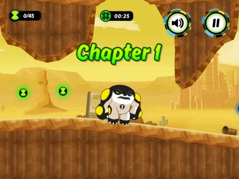 Gameplay action in Chapter 1, showing Ben collecting Omnitrix tokens and racing against the countdown timer.