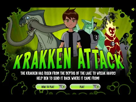 Title screen of Ben 10: Krakken Attack, featuring Ben Tennyson, the Krakken, playable aliens, and the main menu.