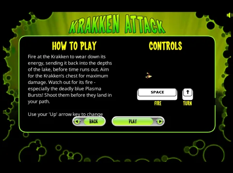 Instruction screen showing how to shoot the Krakken's chest, avoid blue plasma bursts, and use the Spacebar and Up Arrow controls.