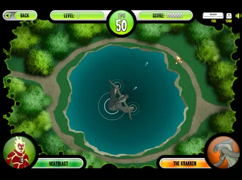 Heatblast attacks the Krakken from the path around the lake, with the timer, score, and health bars visible.