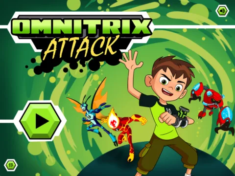 Title screen of Ben 10: Omnitrix Attack featuring Ben Tennyson and the iconic Omnitrix logo.
