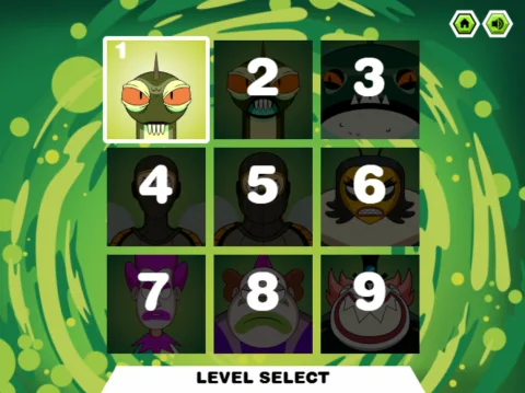 Level select menu allowing players to choose stages and track progress across various action-packed missions.