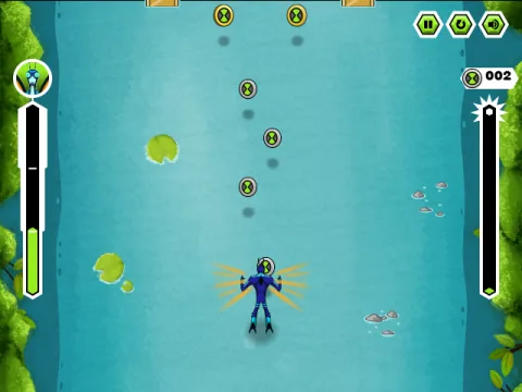 Gameplay action showing Ben battling villains and utilizing alien transformations in side-scrolling levels.