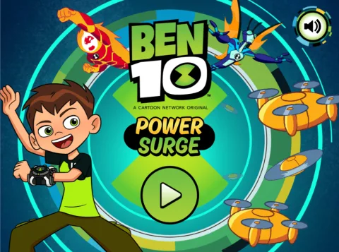 Title screen of Ben 10 Power Surge, featuring the game's logo and opening menu.