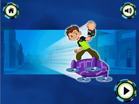 Ben Tennyson fights Billy Billions' robotic drones while flying through a side-scrolling city environment.