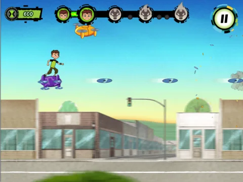 Ben battles enemy robots and collects Omnitrix energy during his pursuit of Billy Billions.