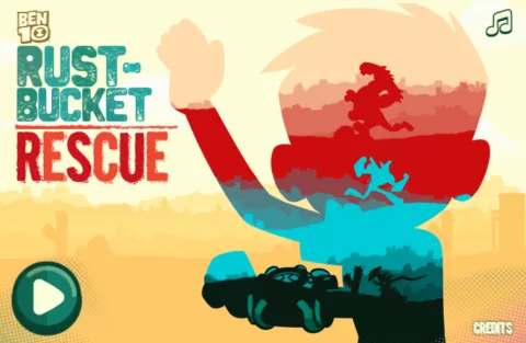 Title screen of Ben 10: Rustbucket Rescue, featuring Maurice celebrating after stealing Grandpa Max's Rustbucket.