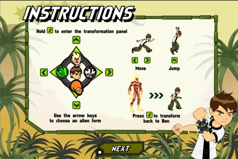 Instruction screen explaining movement, jumping, attacks, and Omnitrix transformation controls.