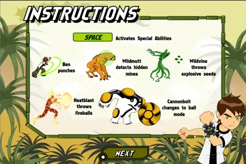 Instruction screen showing the special abilities of Wildmutt, Wildvine, Heatblast, Cannonbolt, and Ben.