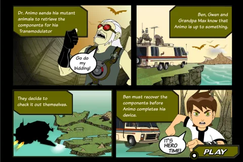 Opening comic-style cutscene introducing Dr. Animo's mutant creatures and the stolen device components.