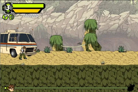 Side-scrolling jungle gameplay showing Ben's health and Omnitrix energy meters.