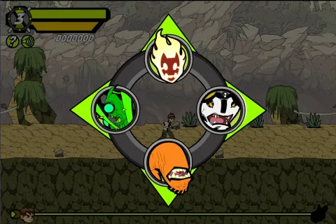 Omnitrix selection screen displaying the alien transformations available to Ben.