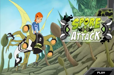 Ben 10: Spore Attack title screen featuring Gwen riding on Stinkfly above the forest.