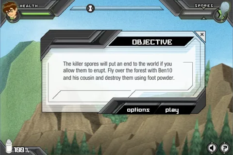 Mission objective: fly over the forest with Ben and Gwen and destroy dangerous spores using foot powder.