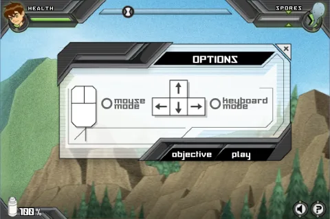Options menu offering mouse mode and keyboard mode, with arrow keys shown for movement.
