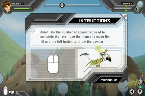Instructions explaining the spore target for each level, mouse movement, and left-click powder attacks.