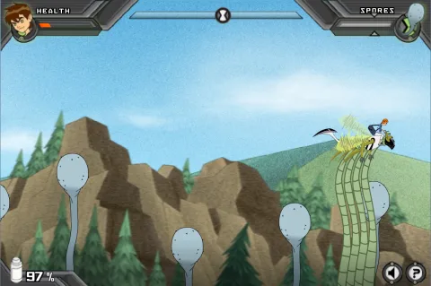 Gwen riding on Stinkfly above tall spore stalks, with health, spore, and remaining powder indicators visible.