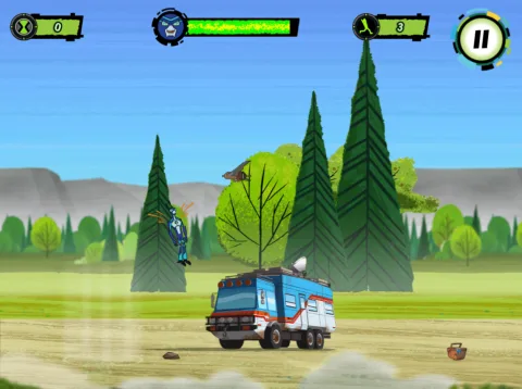 Stinkfly flies through the camp, battling robots and rescuing civilians from Steam Smythe's attack.