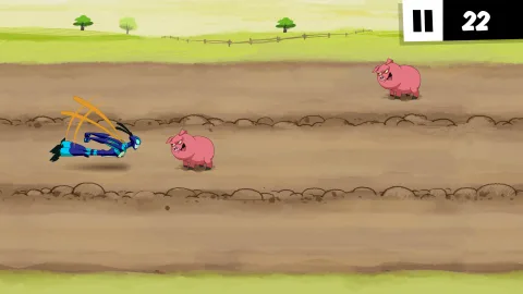 Stinkfly flies along a muddy farm route, avoiding pigs positioned across three lanes.