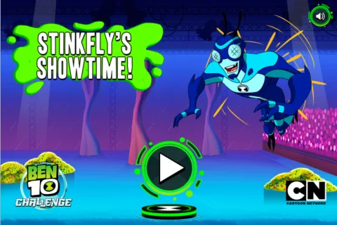 Title screen of Ben 10: Stinkfly's Showtime featuring Stinkfly and the game logo.