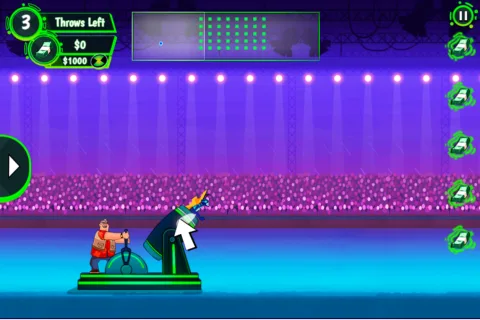 Gameplay action showing Stinkfly launched from Grandpa Max's cannon to collect cash and navigate obstacles.