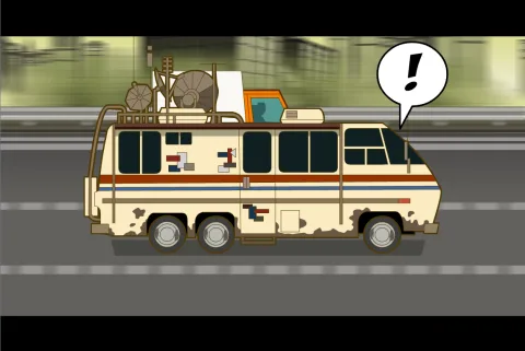 Grandpa Max's Rust Bucket van driving on the road