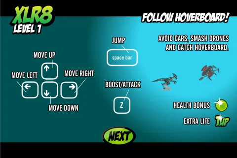 Level 1 controls and gameplay instructions for XLR8