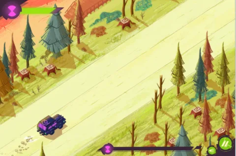 Gameplay action showing Ben as Upgrade racing along the road and dodging traffic and obstacles.