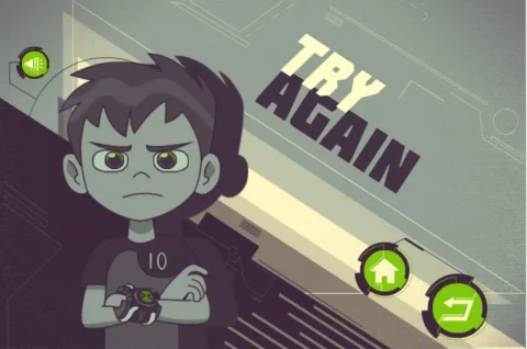Game over or replay screen prompting the player to try again after running out of energy or hitting an obstacle.