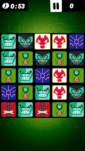 Match-3 puzzle board filled with Ben 10 alien portraits during the timed 60-second challenge.