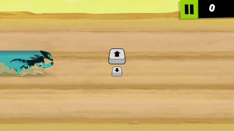 XLR8 runs along a three-lane desert road, dodging cacti while trying to travel as far as possible.